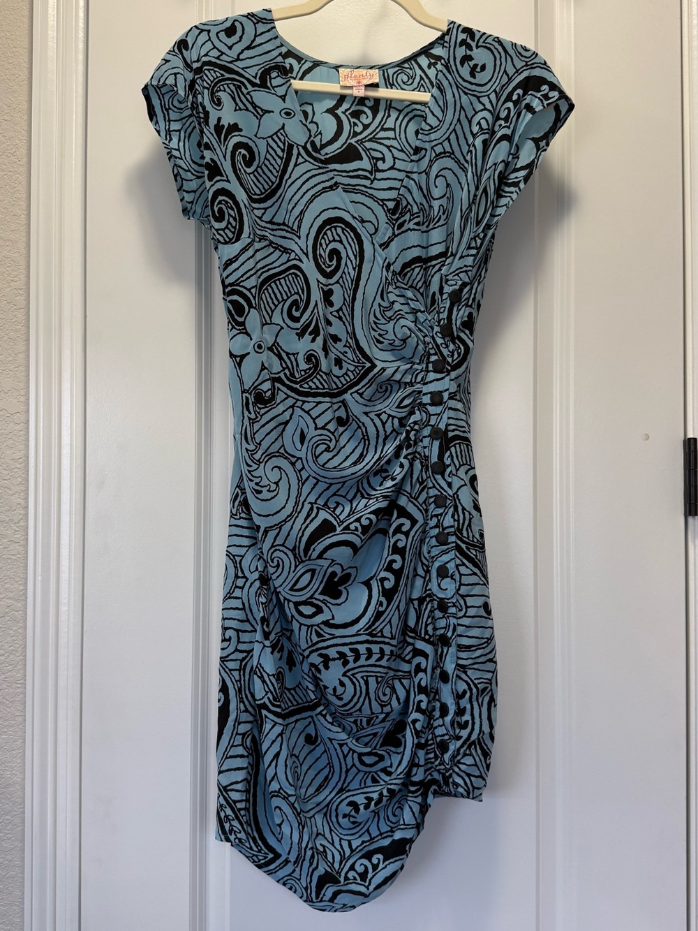 Plenty by Tracy Reese Silk Asymmetrical Ruched Mini Dress Blue Paisley